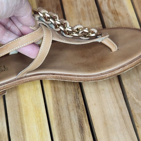 [7.5] Michael Kors Tan Leather Flat Sandals Adjustable Straps Chain Link Sz 7.5 - Picture 7 of 9